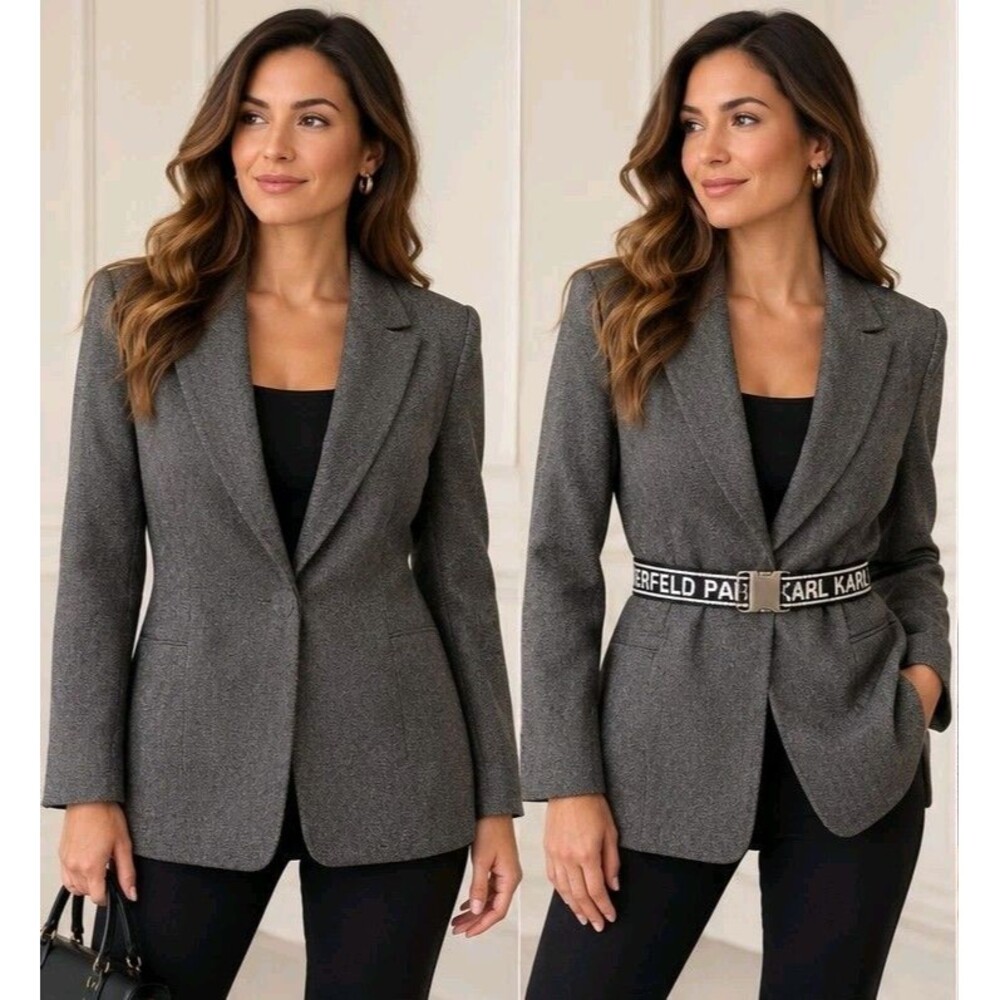 Made in Italy Wool Cotton Blazer Women's Gray Tweed Fitted Jacket Belt Loops